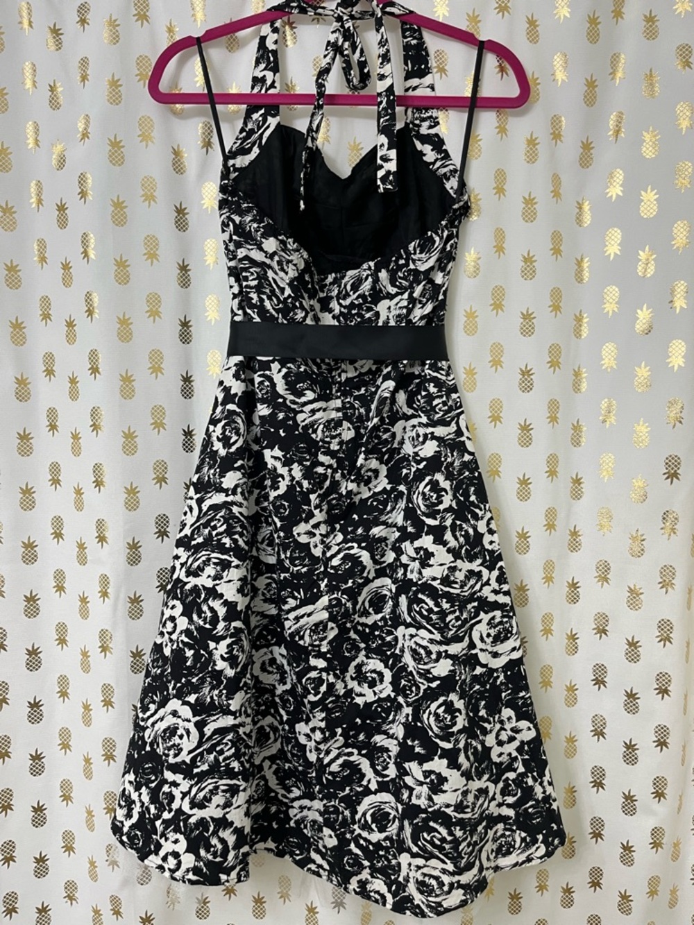 50’s Inspired Black & White Floral Halter Midi Dress with Tulle Accent - Picture 2 of 5